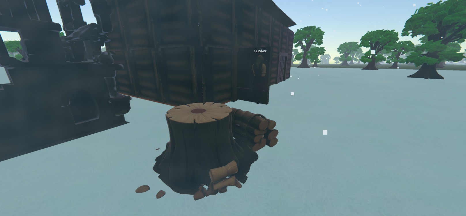 Worldis settlement with a chopping block, stacked logs, and wooden buildings